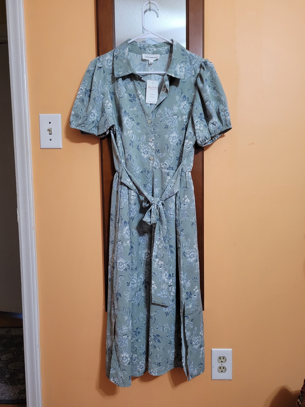 Lucky Brand Floral Button-Front Midi Dress with Tie Waist - Sage Green Size L